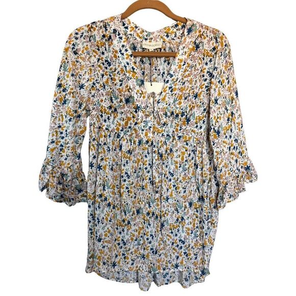 Cynthia Rowley Blouse Womens Size XS Multicolor Tunic Pleated 3/4 Sleeves Ruffle - Picture 1 of 7